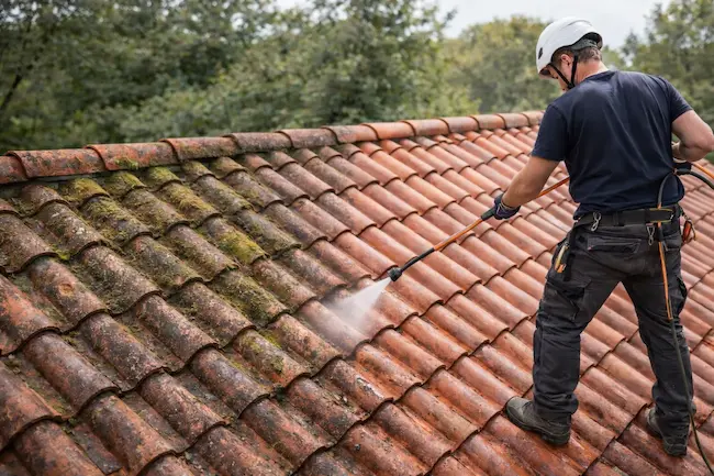 Nettoyage de toiture Nettoyage et démoussage de toiture tuiles avant/après par façadier couvreur M. Leger